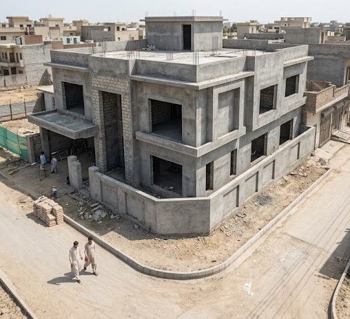 A real house at grey structure stage, under construction